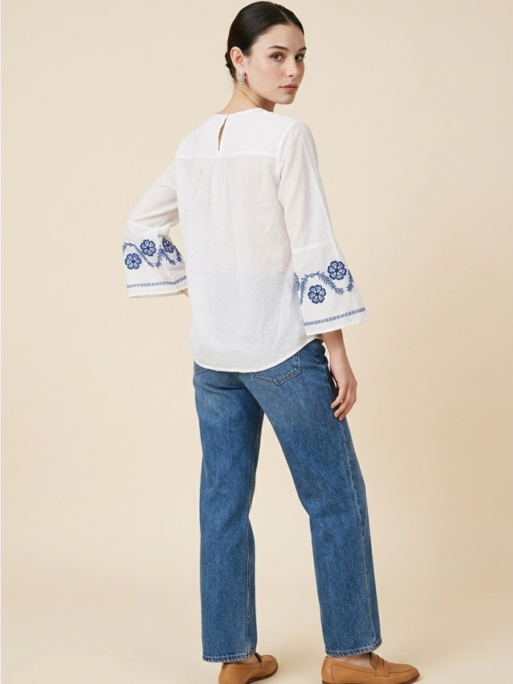 Loft White Cotton Bell Sleeve Blouse with Blue Embroidery - Picture 2 of 4